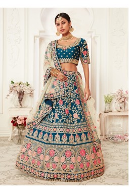 Blue Slub Silk Dori Embroidery Wedding Lehenga Choli