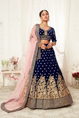 Navy Blue Velvet Sequins Wedding Lehenga Choli