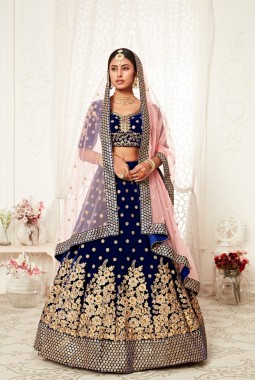 Navy Blue Velvet Sequins Wedding Lehenga Choli