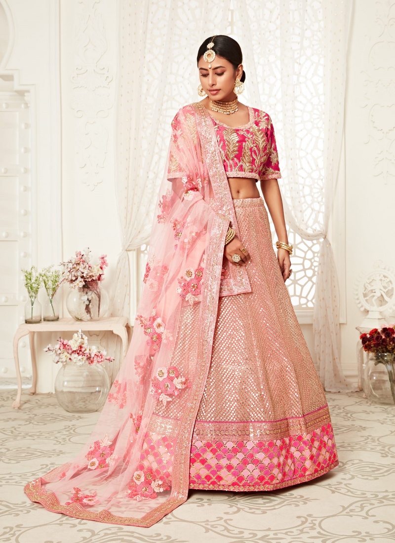 Pink Soft Net Dori Embroidery Wedding Lehenga Choli