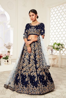 Navy Blue Velvet Diamond Work Wedding Lehenga Choli