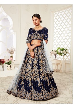 Navy Blue Velvet Diamond Work Wedding Lehenga Choli
