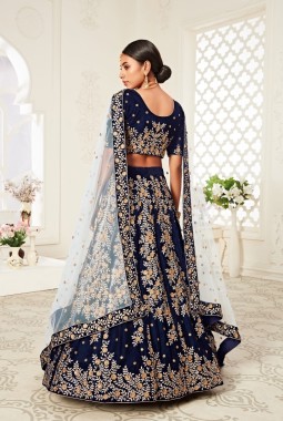 Navy Blue Velvet Diamond Work Wedding Lehenga Choli