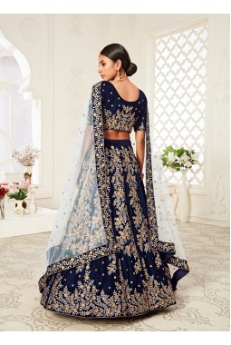 Navy Blue Velvet Diamond Work Wedding Lehenga Choli