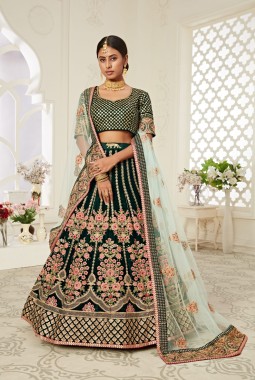 Green Velvet Dori Embroidery Wedding Lehenga Choli