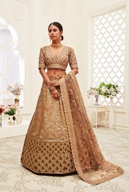 Brown Slub Silk Embroidery Wedding Lehenga Choli