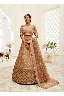 Brown Slub Silk Embroidery Wedding Lehenga Choli