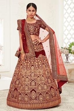Red Velvet Zari Embroidery Wedding Lehenga Choli