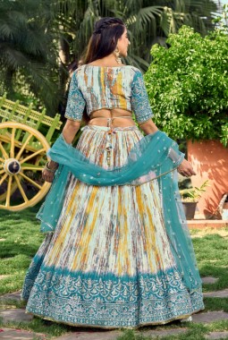 Rama Chinon Digital Print Wedding Lehenga Choli