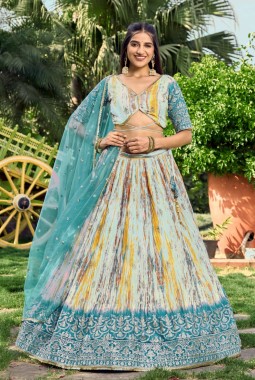 Rama Chinon Digital Print Wedding Lehenga Choli