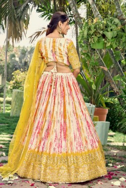 Yellow Chinon Digital Print Wedding Lehenga Choli