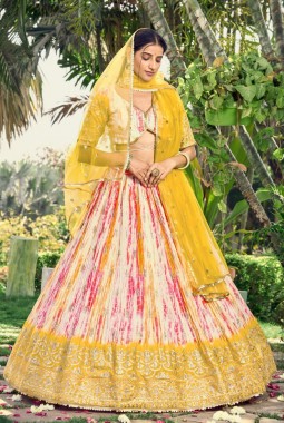 Yellow Chinon Digital Print Wedding Lehenga Choli
