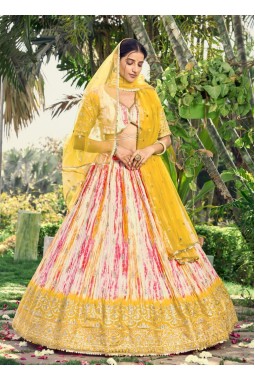 Yellow Chinon Digital Print Wedding Lehenga Choli