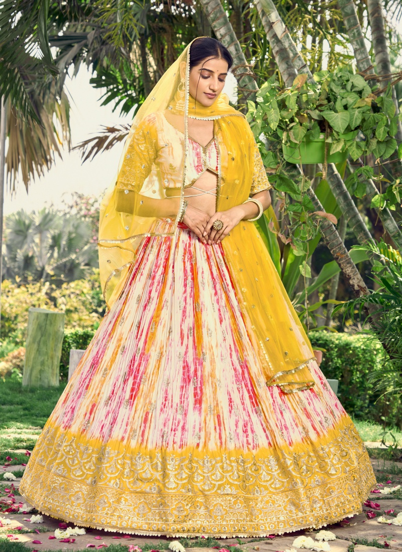 Yellow Chinon Digital Print Wedding Lehenga Choli