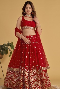 Red Georgette Sequins Embroidered Wedding Lehenga Choli
