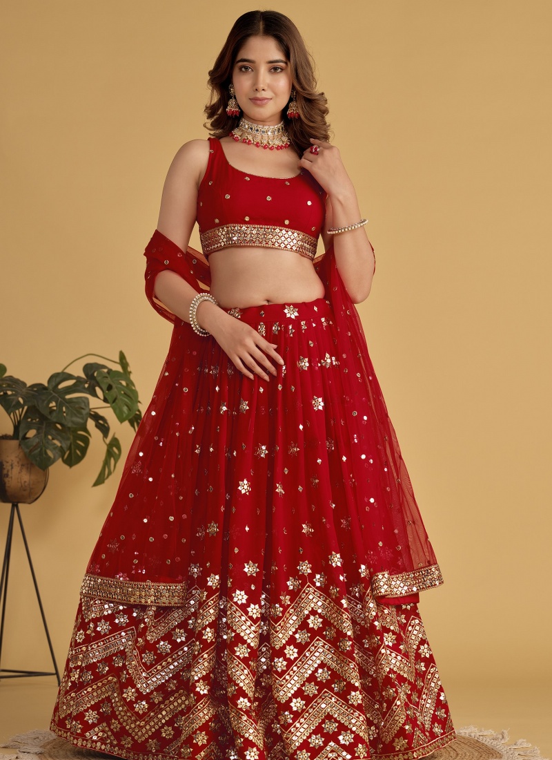 Red Georgette Sequins Embroidered Wedding Lehenga Choli