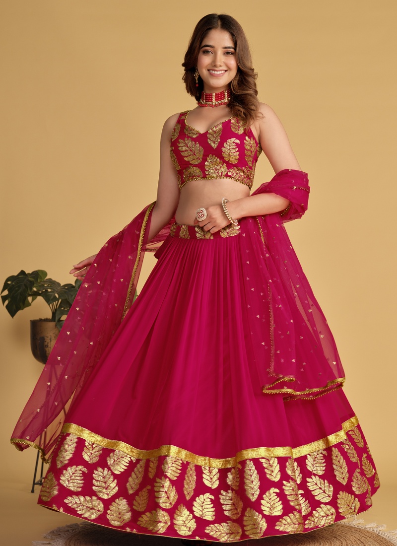 Pink Georgette Zari Sequins Wedding Lehenga Choli