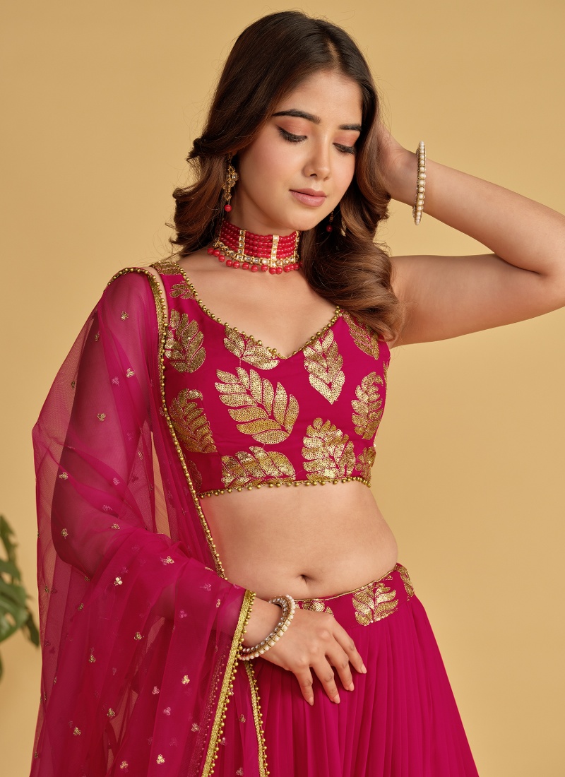 Pink Georgette Zari Sequins Wedding Lehenga Choli