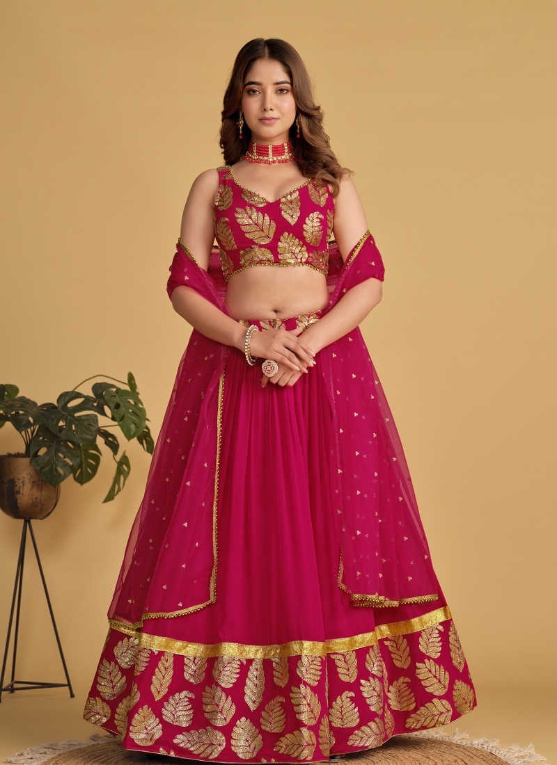 Pink Georgette Zari Sequins Wedding Lehenga Choli