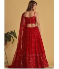 Red Georgette Thread Embroidered Wedding Lehenga Choli