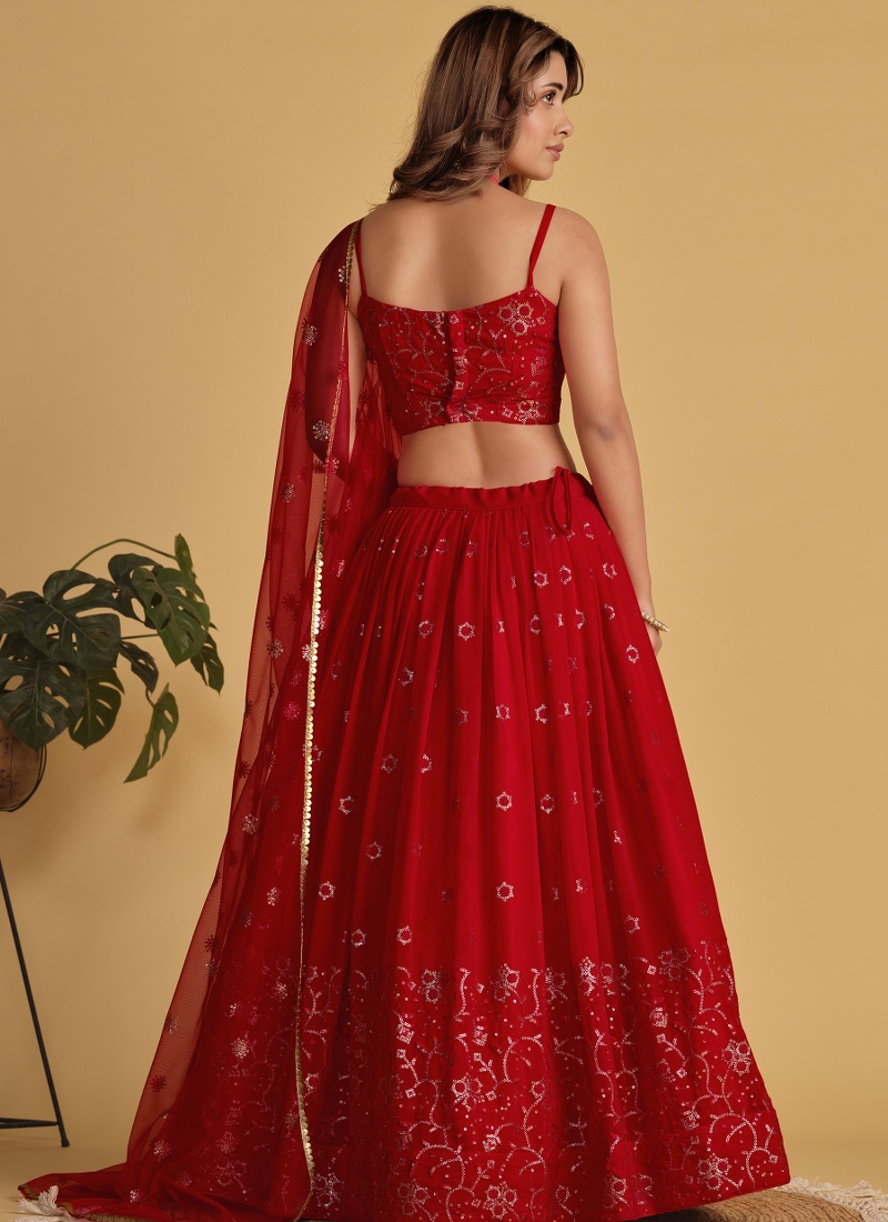 Red Georgette Thread Embroidered Wedding Lehenga Choli