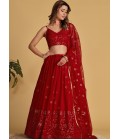 Red Georgette Thread Embroidered Wedding Lehenga Choli