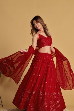 Red Georgette Thread Embroidered Wedding Lehenga Choli