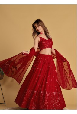Red Georgette Thread Embroidered Wedding Lehenga Choli