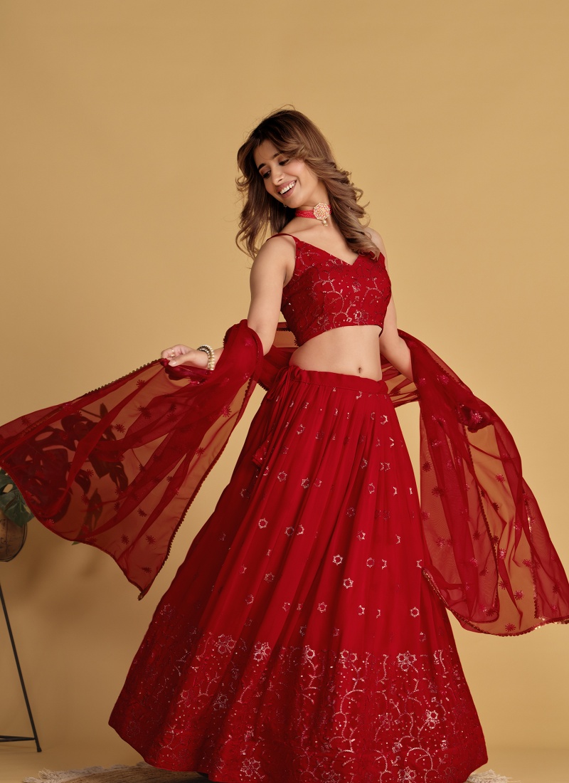 Red Georgette Thread Embroidered Wedding Lehenga Choli