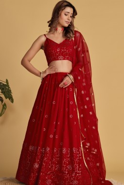 Red Georgette Thread Embroidered Wedding Lehenga Choli