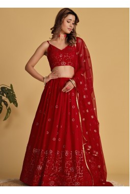 Red Georgette Thread Embroidered Wedding Lehenga Choli