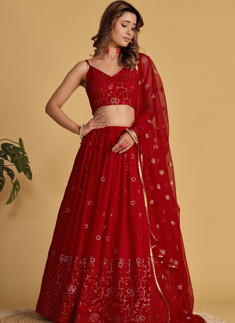 Red Georgette Thread Embroidered Wedding Lehenga Choli