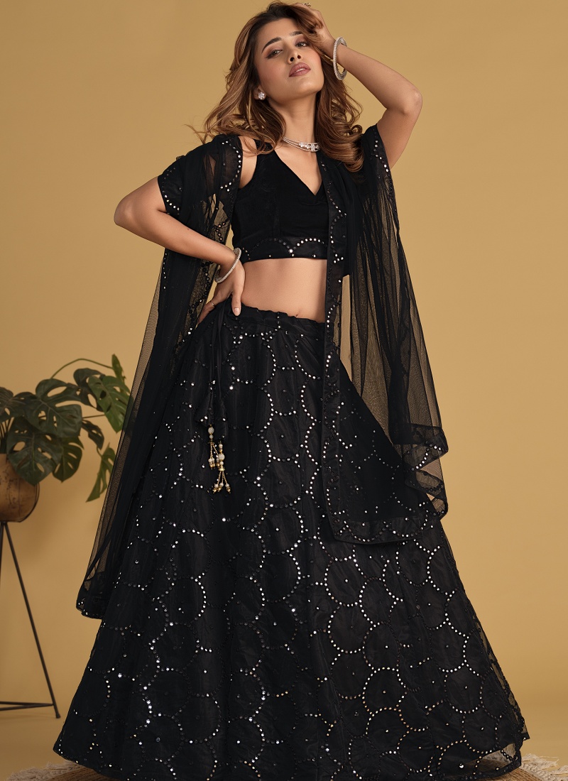 Black Organza Net Sequins Embroidered Wedding Lehenga Choli