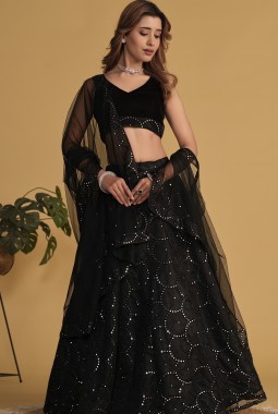 Black Organza Net Sequins Embroidered Wedding Lehenga Choli