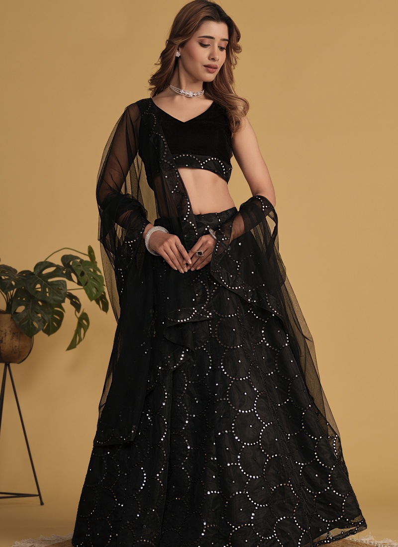 Black Organza Net Sequins Embroidered Wedding Lehenga Choli