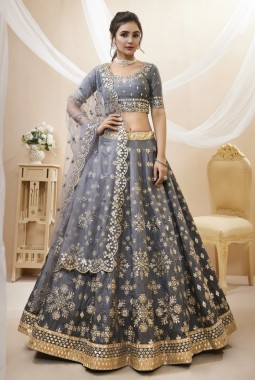 Grey Art Silk Embroidered Wedding Wear Lehenga Choli