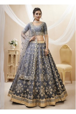 Grey Art Silk Embroidered Wedding Wear Lehenga Choli