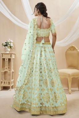 Pista Green Art Silk Foil Embroidered Wedding Lehenga Choli