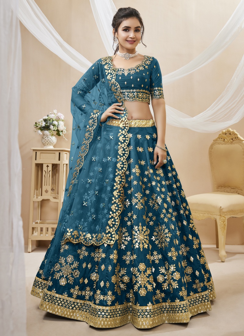 Blue Art Silk Embroidered Wedding Lehenga Choli