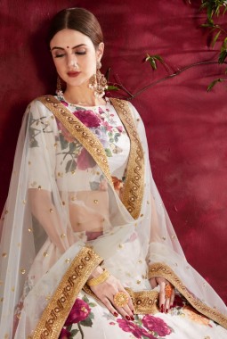 Off White Banglori Silk Floral Print Wedding Lehenga Choli