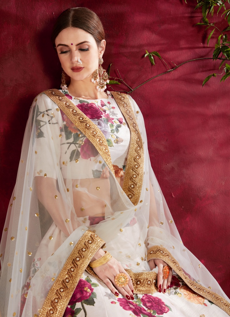 Off White Banglori Silk Floral Print Wedding Lehenga Choli