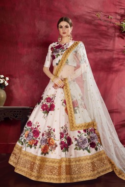 Off White Banglori Silk Floral Print Wedding Lehenga Choli