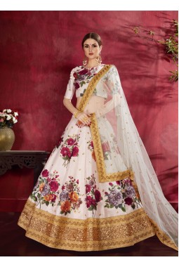 Off White Banglori Silk Floral Print Wedding Lehenga Choli