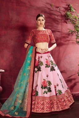Rose Pink Banglori Silk Zari Embroidery Wedding Lehenga Choli