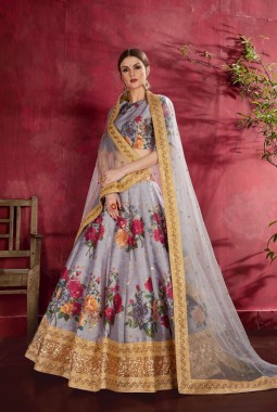 Grey Banglori Silk Floral Print Wedding Lehenga Choli
