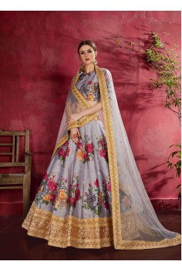 Grey Banglori Silk Floral Print Wedding Lehenga Choli