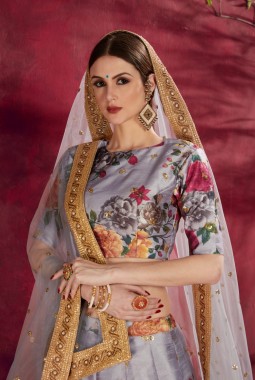 Grey Banglori Silk Floral Print Wedding Lehenga Choli