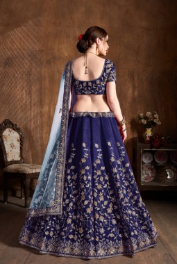 Navy Blue Silk Embroidered Wedding Lehenga Choli