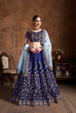 Navy Blue Silk Embroidered Wedding Lehenga Choli