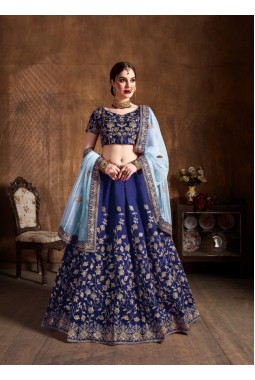 Navy Blue Silk Embroidered Wedding Lehenga Choli